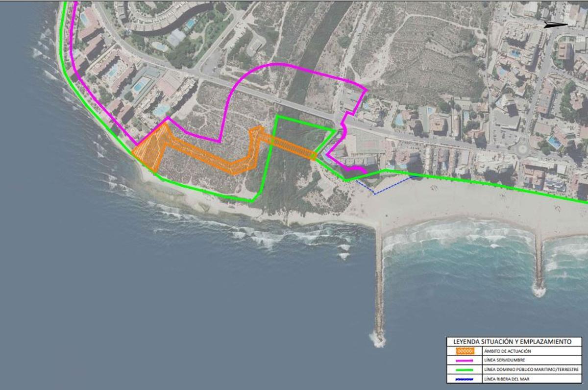 En naranja, la actuación prevista en El Campello, con la pasarela en paralelo a la carretera pero a decenas metros