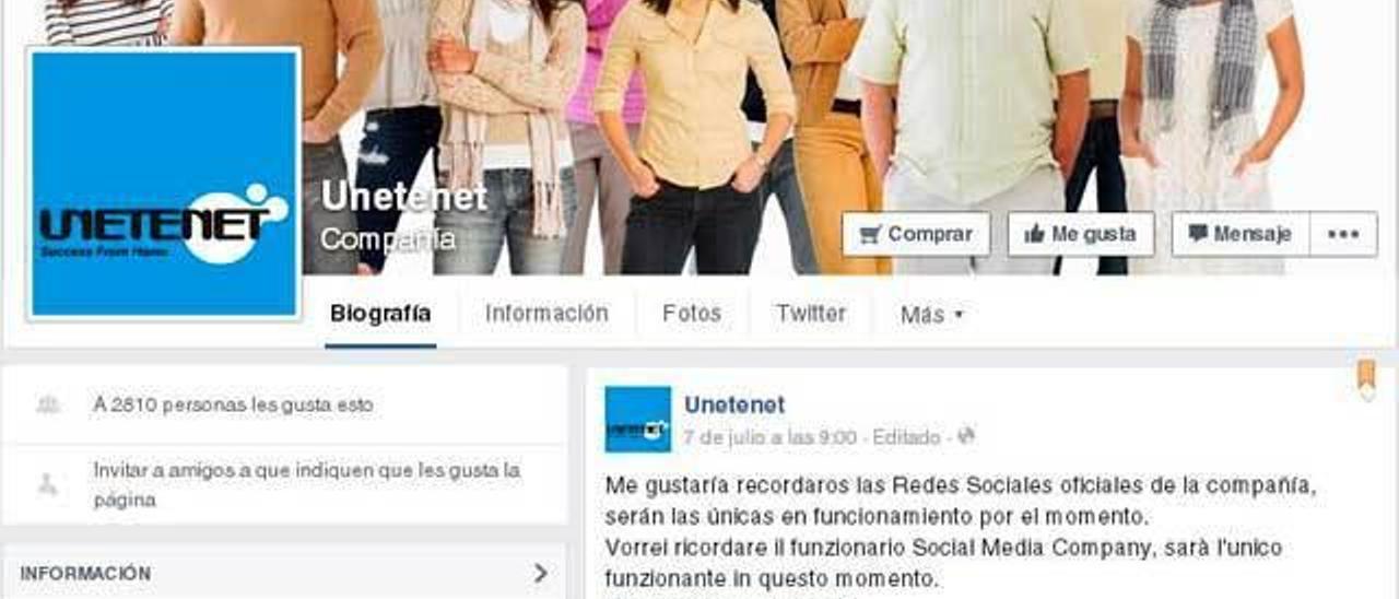 El perfil de la empresa Unetenet, por cuya actividad se detuvo al vecino de Langreo, en la red social Facebook.