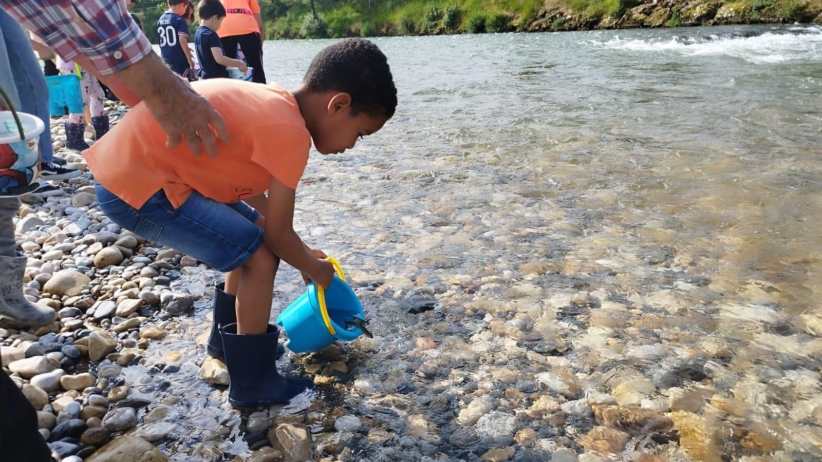 Los escolares de Arriondas repueblan el Sella con 5.000 alevines de trucha