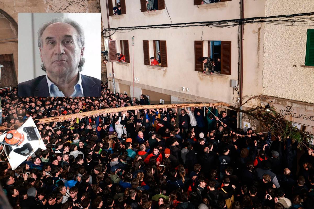 La plaza Vella de Pollença llena de gente durante la plantada del Pi. En el recuadro, el alcalde de Pollença, Martí March.