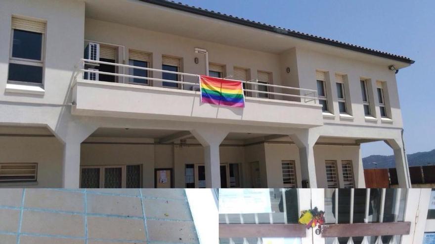 A dalt, la bandera penjada dimarts; a baix, un cop cremada