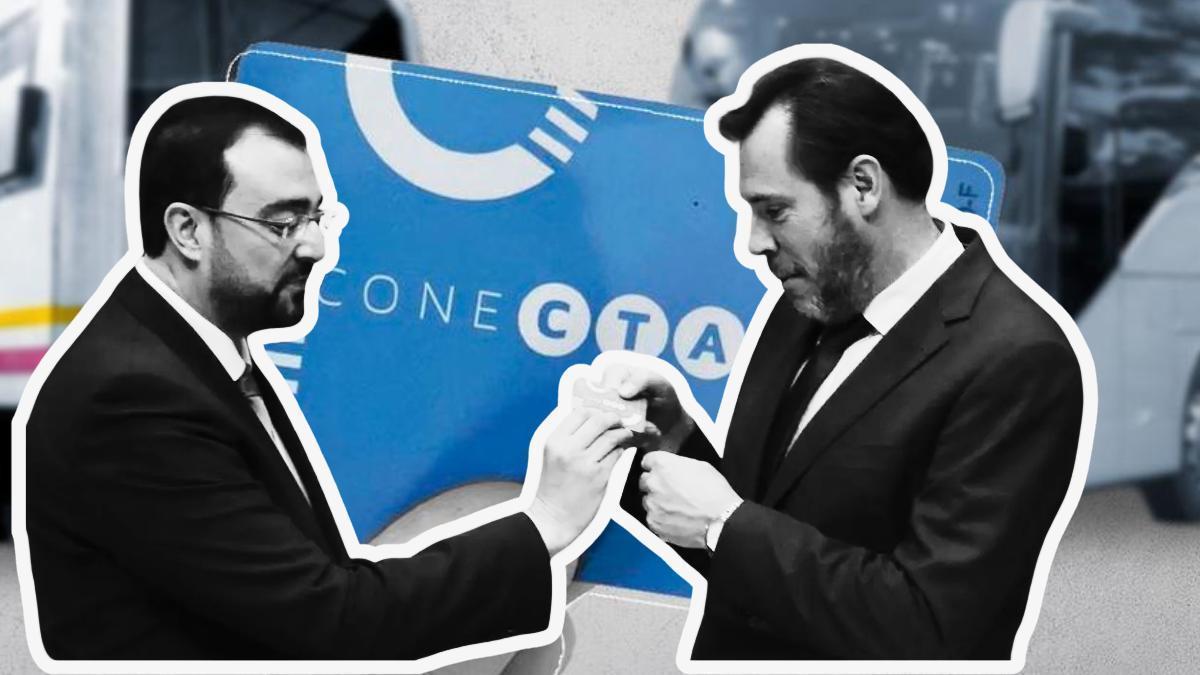 Adrián Barbón, dándole el billete único asturiano a Óscar Puente, en una imagen de 2024; al fondo, una tarjeta Conecta