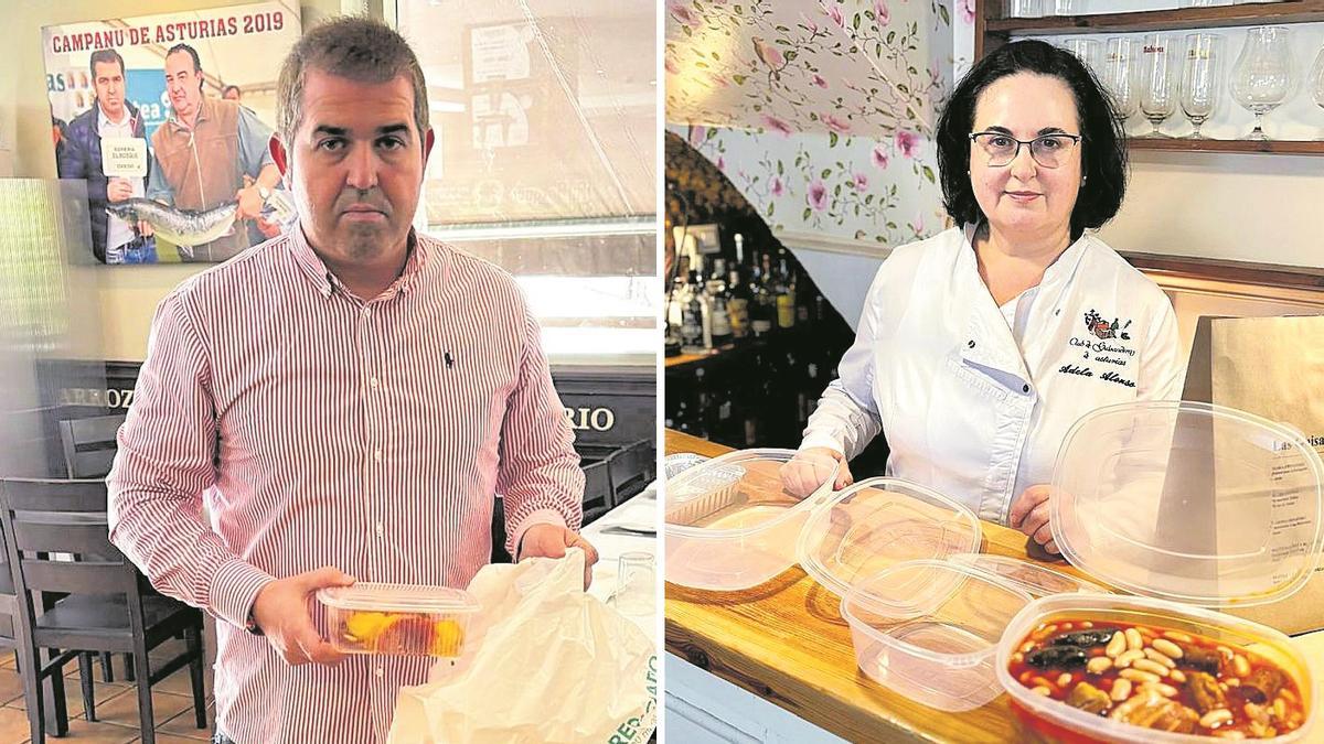 A la izquierda, Diego Javita envasando comida en El Bosque. A la derecha, Adela Alonso, con los recipientes para su fabada.