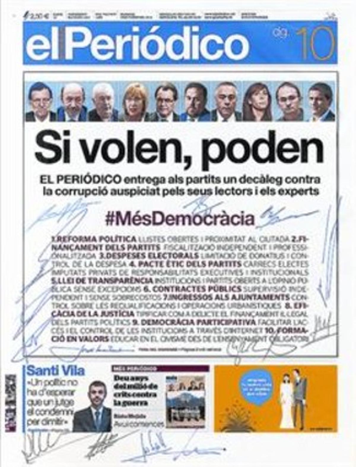 Portada d’EL PERIÓDICO amb les rúbriques dels firmants.