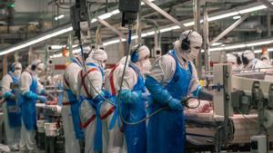 Trabajadores de una empresa de productos cárnicos, en una imagen de archivo.