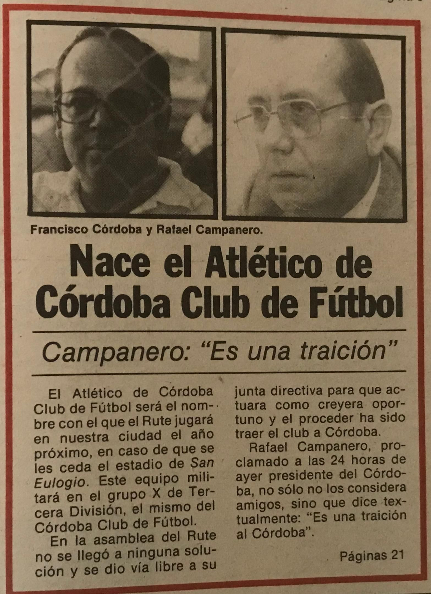 Portada de CÓRDOBA, un día de junio de 1984, con la &quot;traición&quot; del Atlético de Córdoba CF.