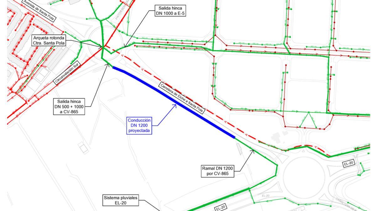 El plano con el nuevo colector en la carretera de Santa Pola