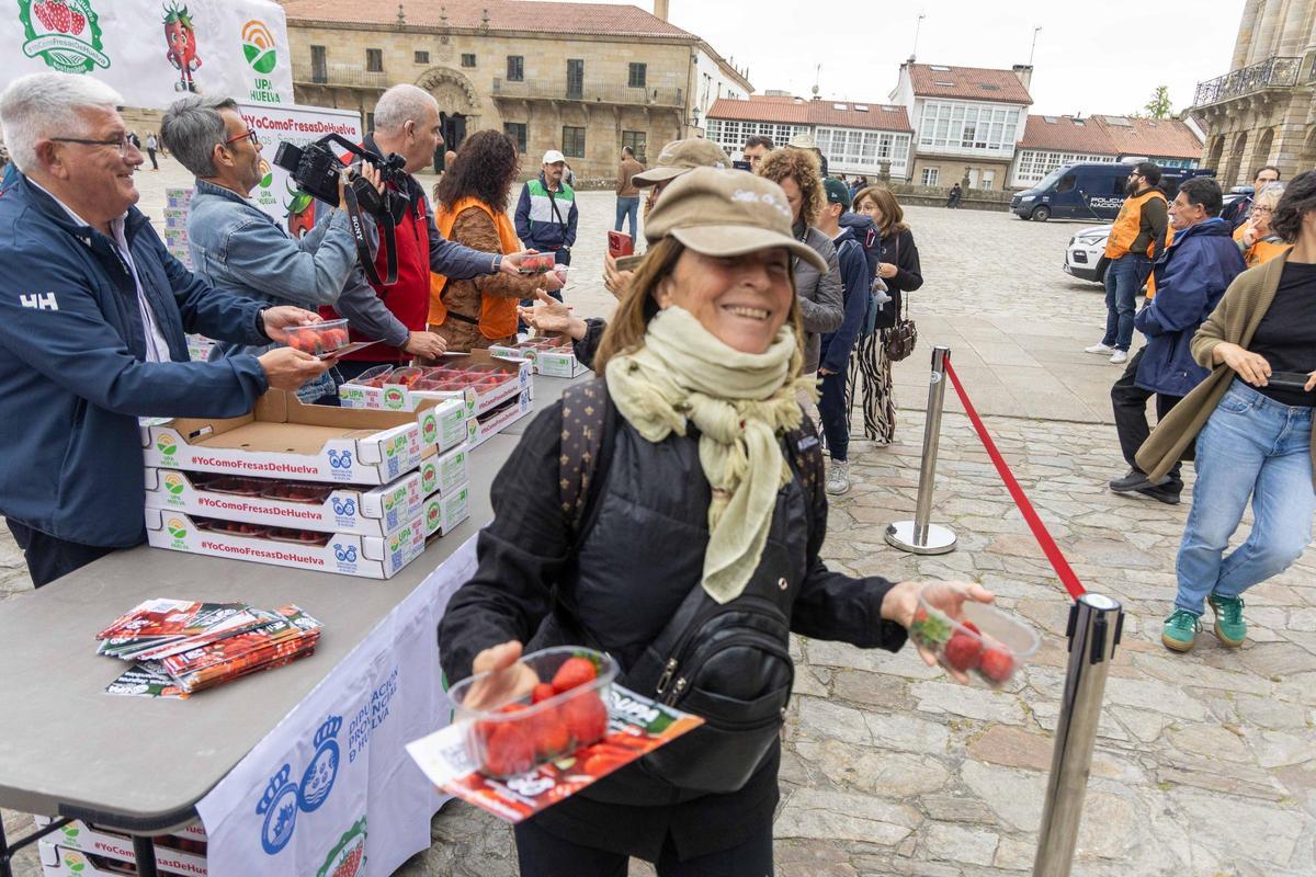 Reparten fresas de Huelva en la plaza del Obradoiro para promover su "calidad y garantía"