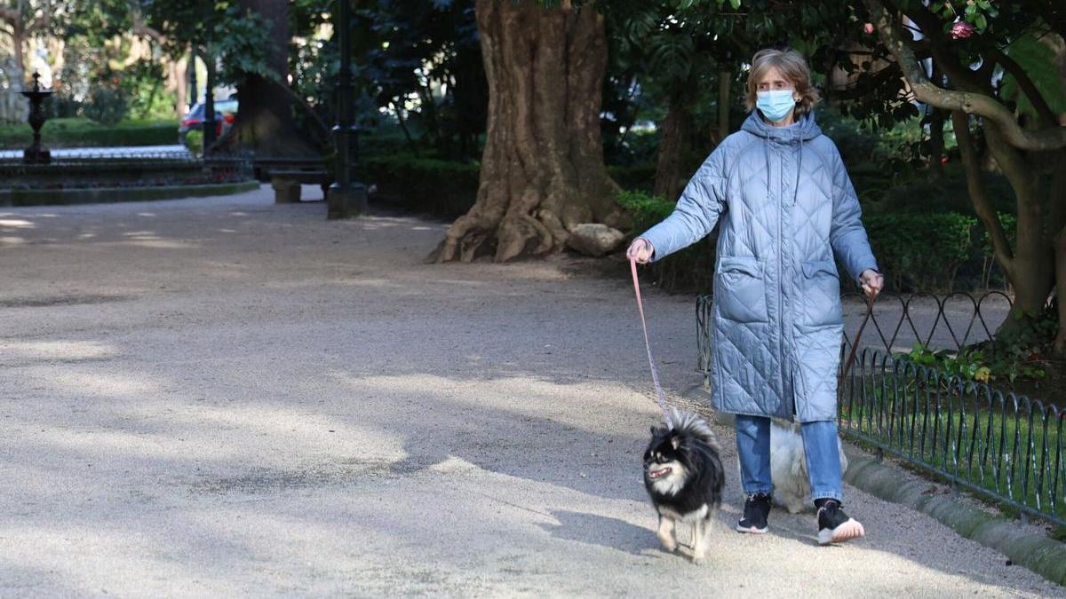 Una mujer con mascarilla pasea a su perro por la Alameda de Vigo.
