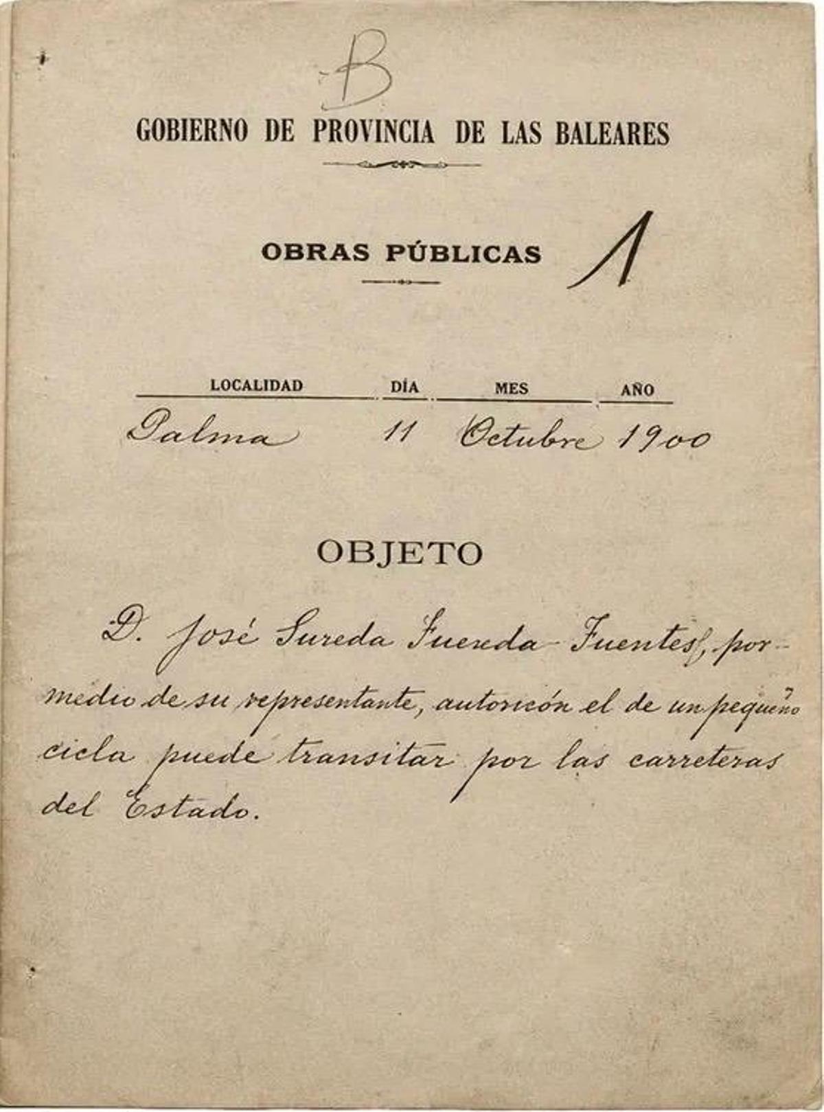 Documento de 1900 que acreditaba a Josep Sureda Fuentes a circular por las carreteras del estado