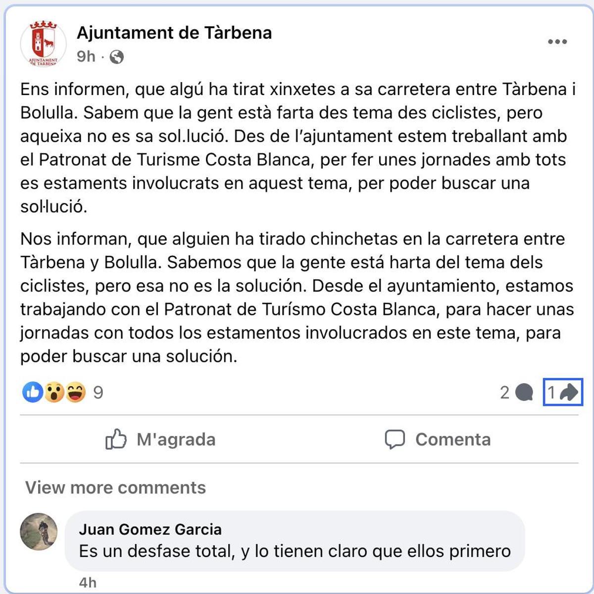 La publicación realizada por el Ayuntamiento de Tàrbena