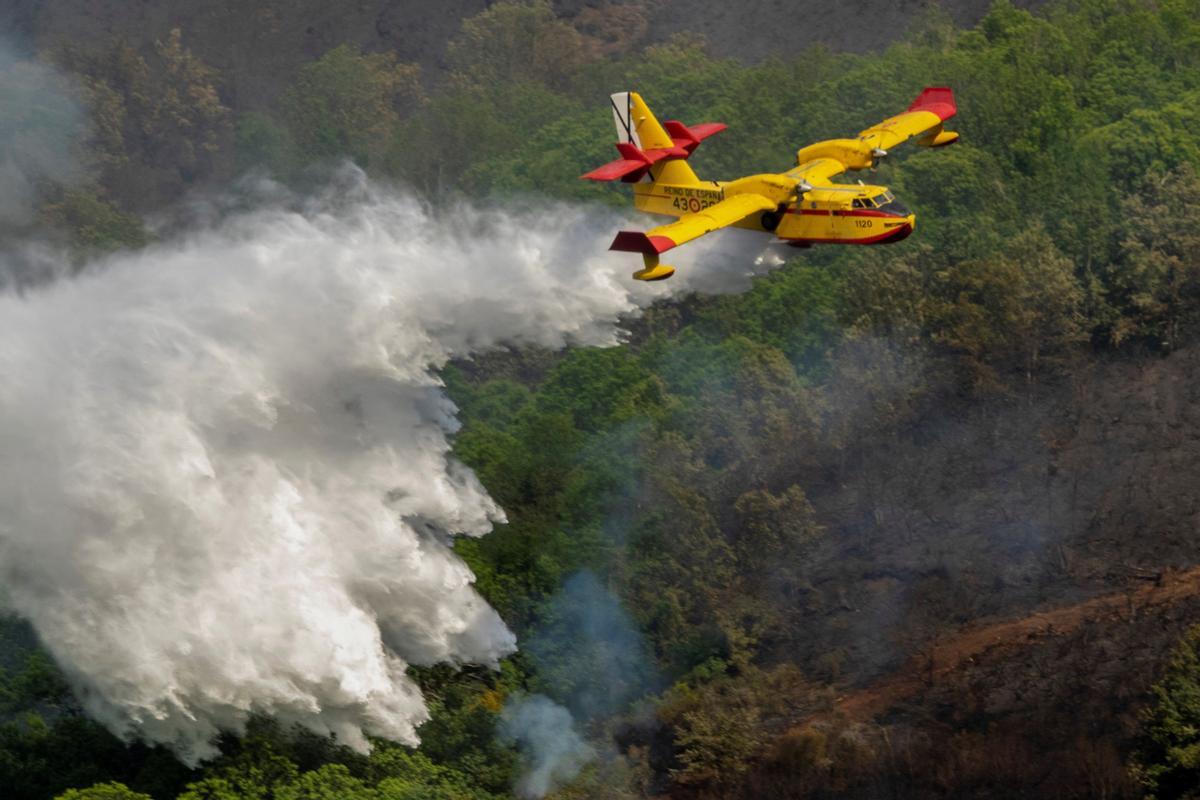 Un avión dispersa agua para sofocar las llamas de un incendio en Lugo.