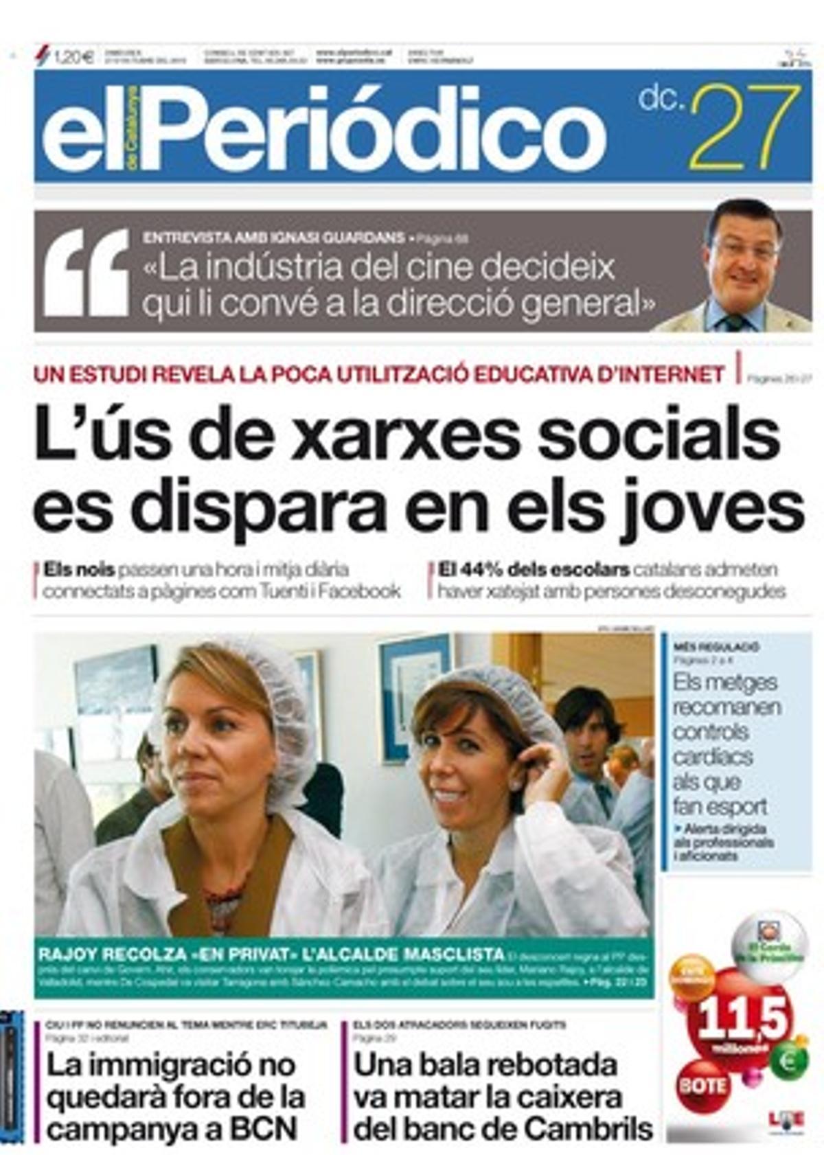 EL PERIÓDICO també explica a dins que Montilla encomana la seva sort el 28-N a un duel de perfils amb Mas; que el PPC aplaudeix un revés a l’ús institucional del català; que el PSOE recorda al PP que els seus càrrecs no cobren dos sous, com Dolores de Cospedal; que l’etarra resident a Veneçuela Arturo Cubillas demana personar-se a l’Audiència Nacional, que Hisenda ja ha ingressat 260 milions pels comptes suïssos; que sindicats i patronal encaren amb cautela la reforma de convenis; que les morts a la feina cauen el 63% en 10 anys a Catalunya; que Botín reclama accelerar la reordenació de les caixes; que el Barça domina la llista dels futbolistes aspirants a la Pilota d’Or i que espera la millora del rendiment de Ricky Rubio; que les sis millors raquetes del tennis femení mantenen la plantada a una federació espanyola per falta de suport; que la ’Hispania’ d’Antena 3 va derrotar el ’Felipe y Letizia’ de Tele 5, i que ha mort l’avi de ’Filiprim’ i ’Makinavaja.