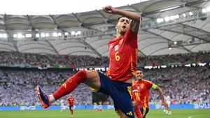 05 July 2024, Baden-Württemberg, Stuttgart: Spains Mikel Merino celebrates their second goal during the UEFA EURO 2024 quarter-final soccer match between Spain and Germany at the MHP Arena. Photo: Federico Gambarini/dpa