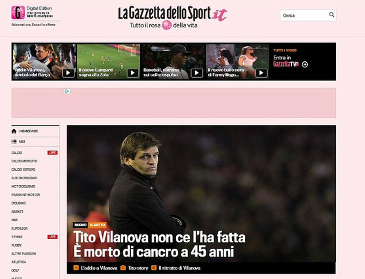 Gazzetta dello Sport. La mort de Tito Vilanova en diaris esportius de lestranger