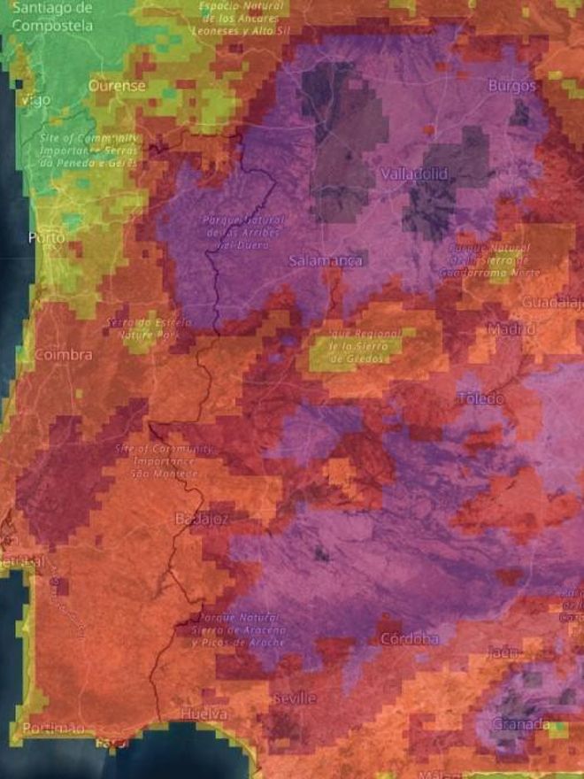 Riesgo de incendios para el domingo 22 de mayo: los tonos rojos y morados indican riesgo alto y extremo.