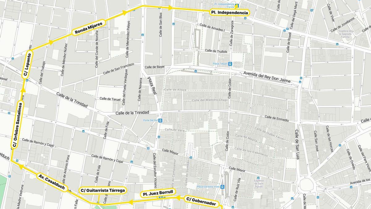 Recorrido alternativo al trazado por el centro de la ciudad, ahora en obras.