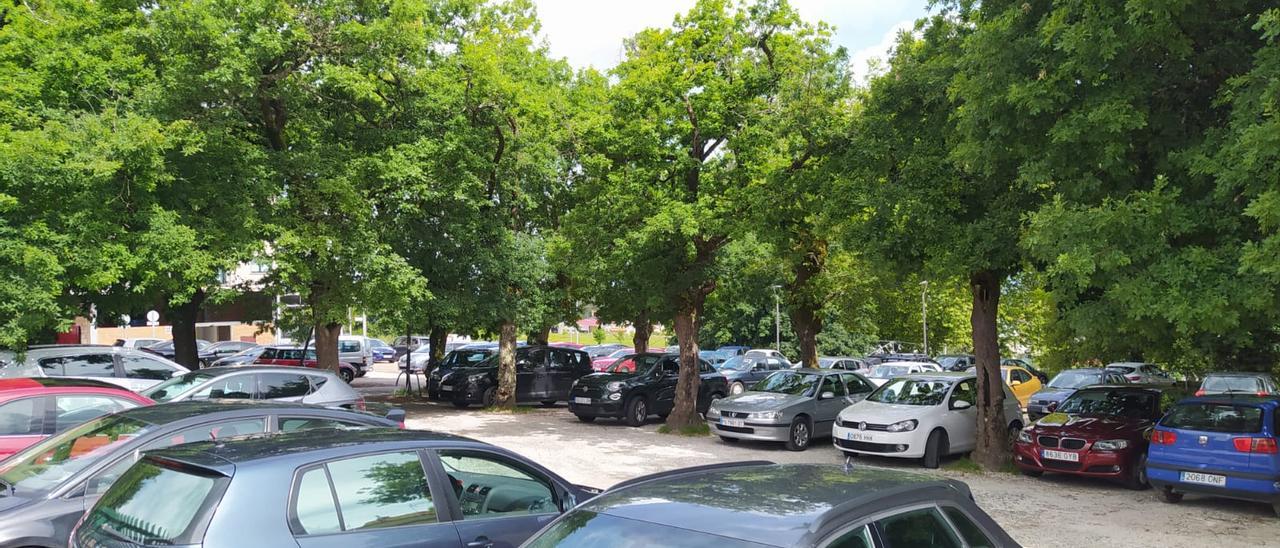 Los robles dan sombra a los coches en este amplio y céntrico espacio de A Estrada. /A.Cela