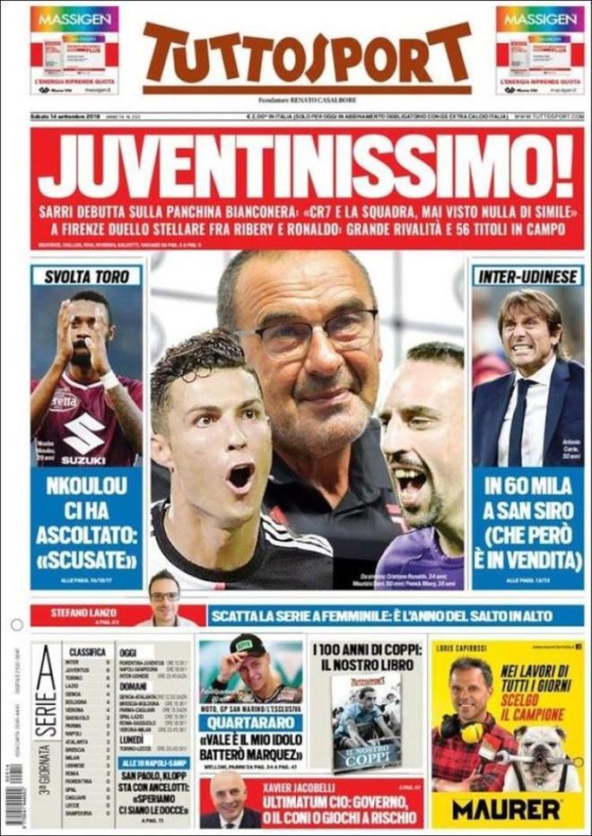 La portada del Tuttosport del 14 de septiembre de 2019