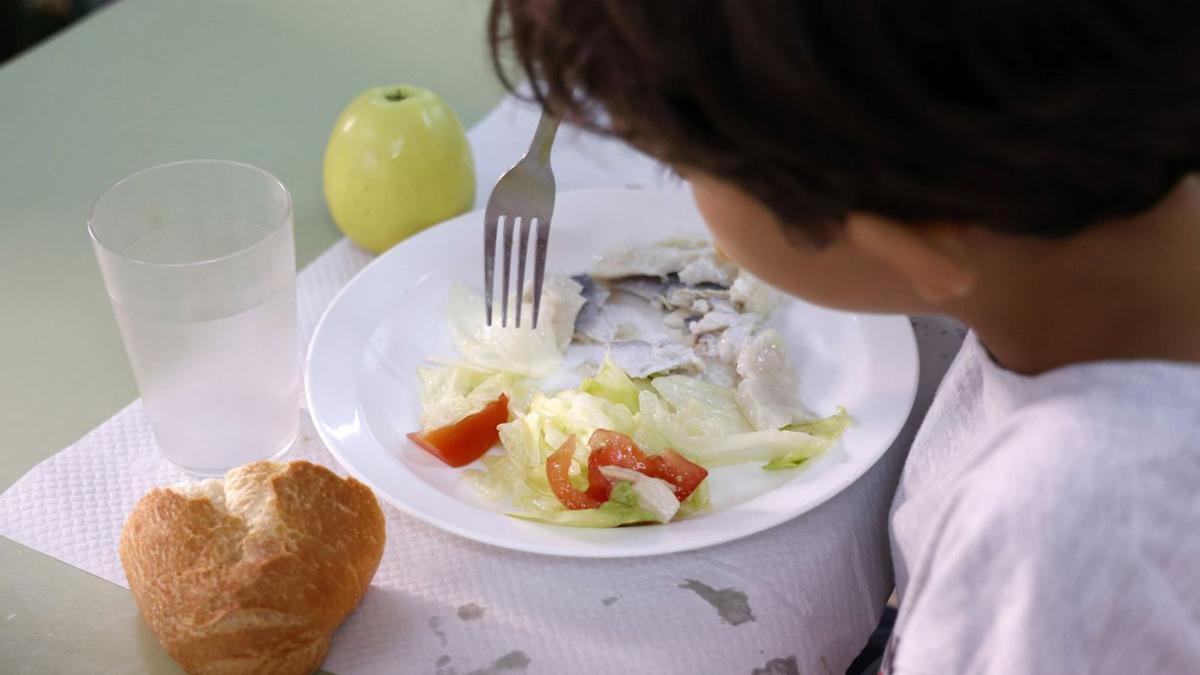 Un alumno del CEIP Froebel de Pontevedra comiendo pescado en su comedor.