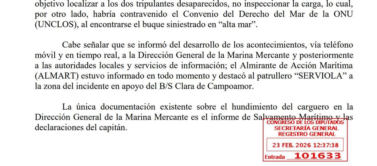 Párrafos del informe del hundimiento del Ursa Major entreado por el Gobierno al Congreso