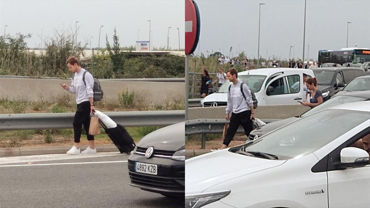 Rakitic, caminando desde el aeropuerto de El Prat por la autovía.