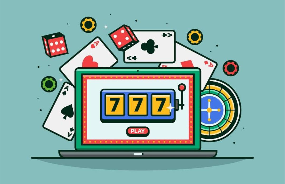Ilustración de casino online con bono en ordenador y elementos de casino.