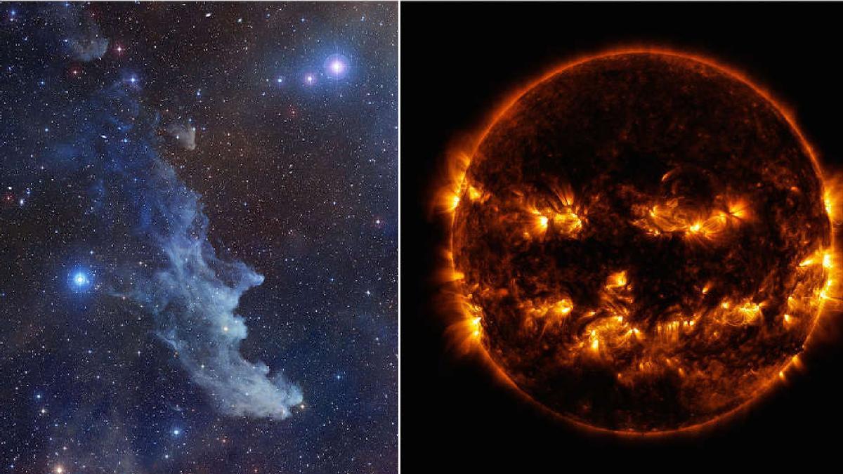 terrorífico perfil de la Nebulosa de la Cabeza de Bruja o NGC1909n (i) y el Sol disfrazado de gigante calabaza gracias a la combinación de imágenes de sus regiones activas tomadas en 2014 en el ultravioleta.
