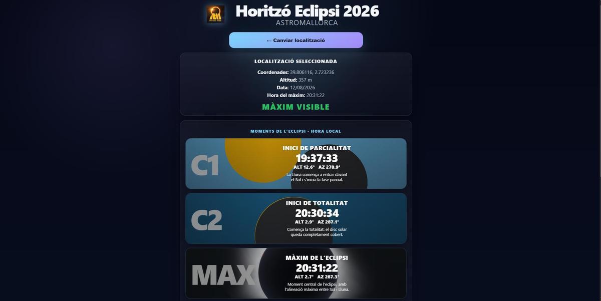 Imagen de la aplicación que muestra la simulación de la visibilidad del eclipse en la zona noreste de Mallorca.
