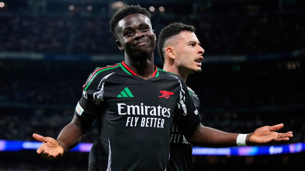 Saka celebrates his goal against Real Madrid in the quarterfinals of the Champions League