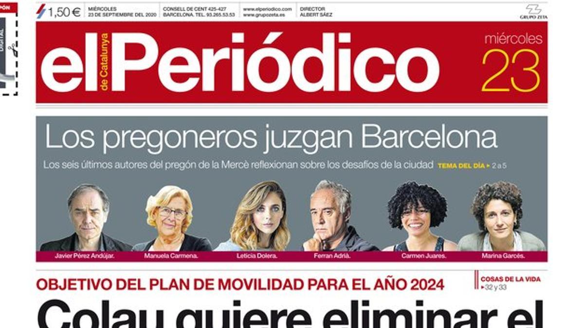 La portada de EL PERIÓDICO del 23 de septiembre del 2020.