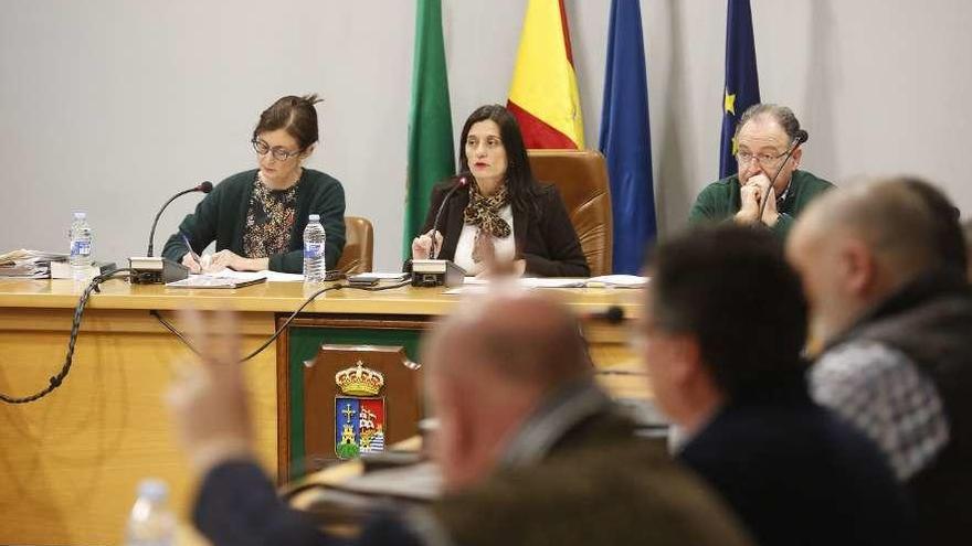 La alcaldesa, Yasmina Triguero (en el centro de la mesa), en un Pleno en febrero, delante de las banderas de Castrillón, España, Asturias y Europa.