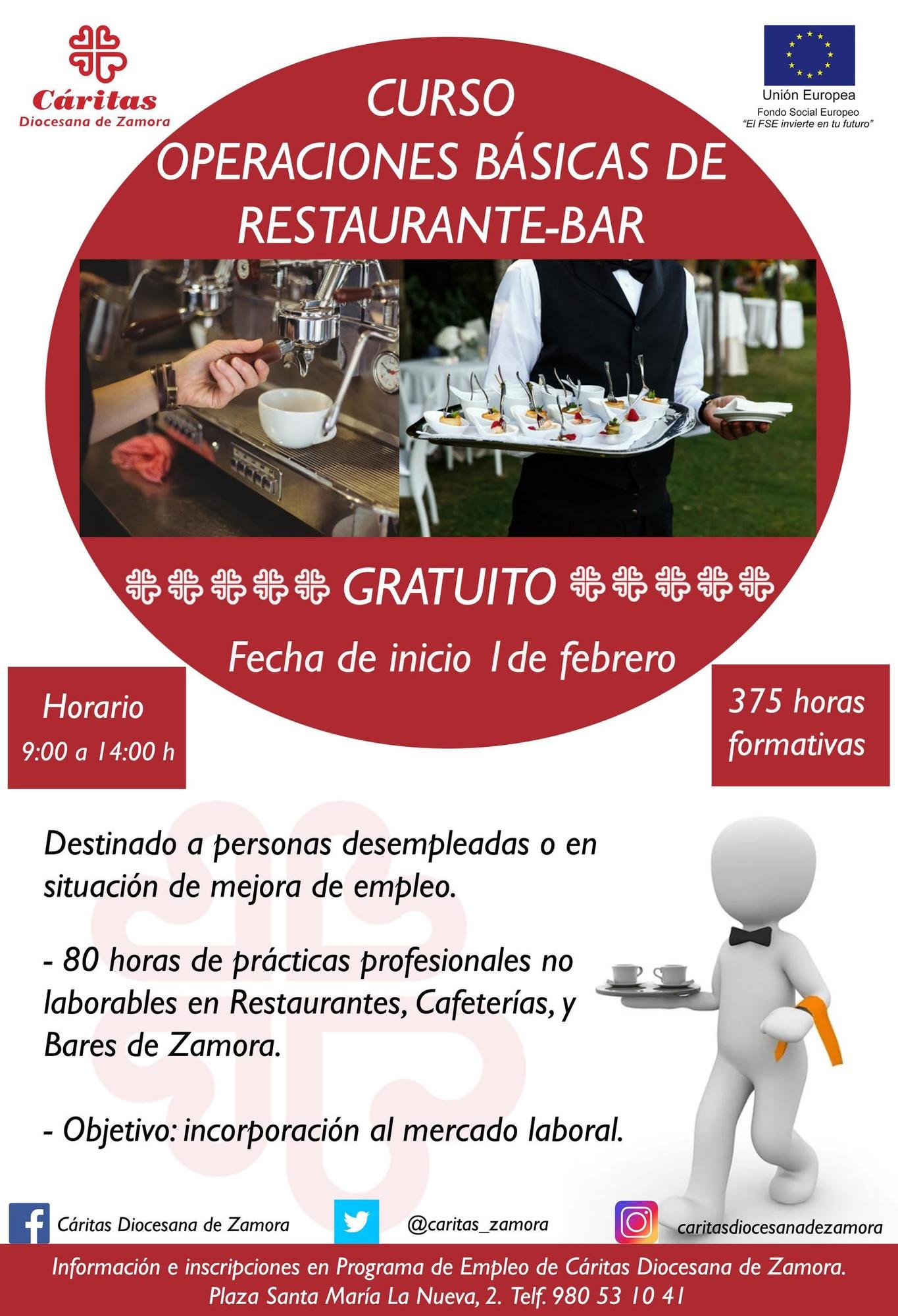 Cartel promocional del curso gratuito que ofrece Cáritas en Zamora para aprender a ser camarero.