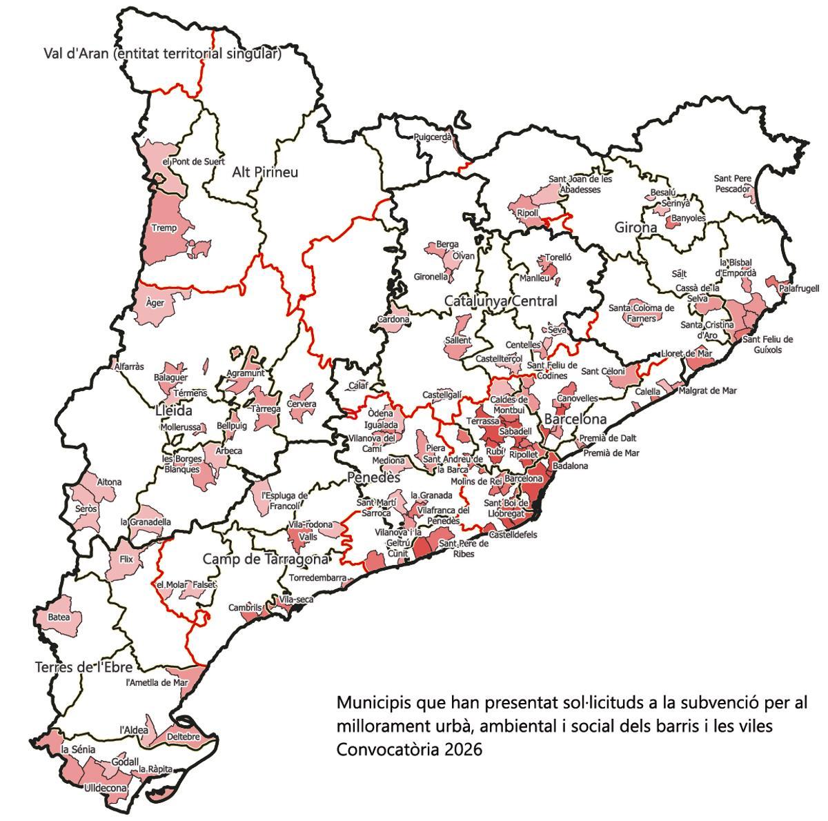 Mapa dels municipis que han presentat sol·licitud al Pla de Barris i Viles