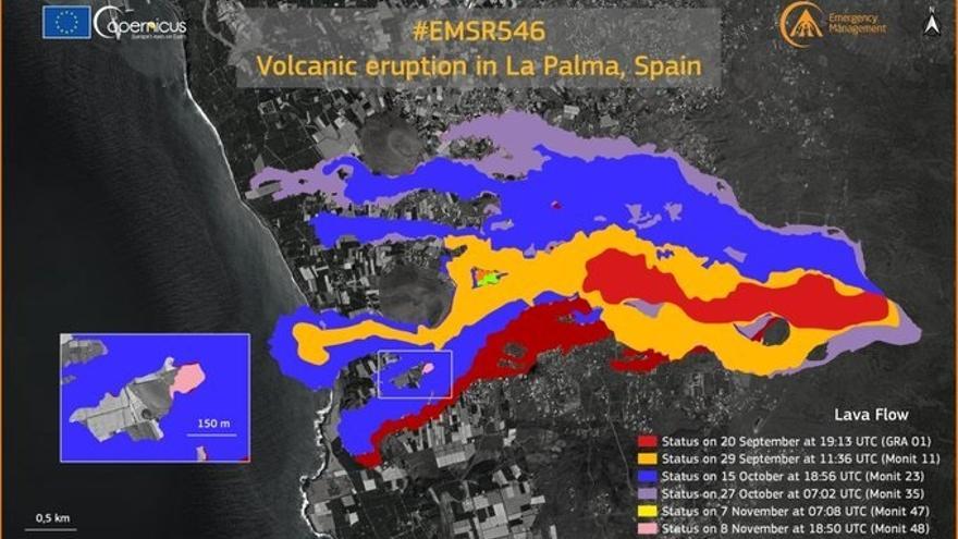 Imagen de las coladas del volcán de La Palma captadas por satélite.