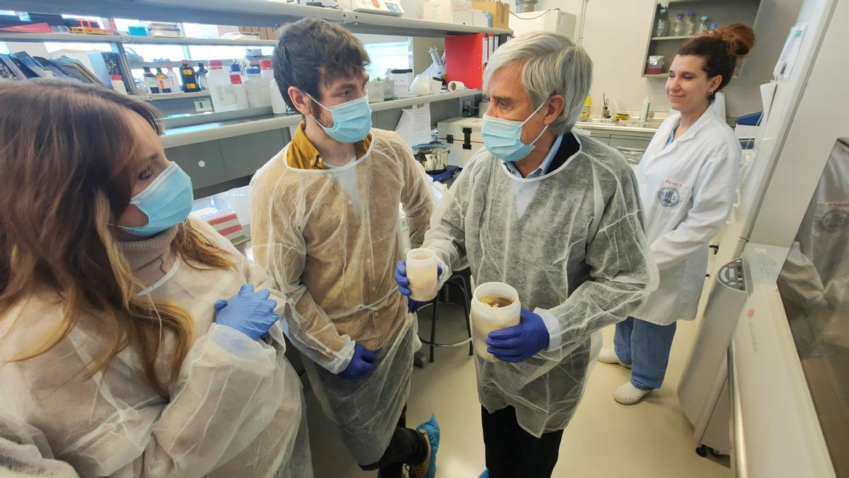 Díaz, Guirado y Badiola, este lunes durante la visita al laboratorio.