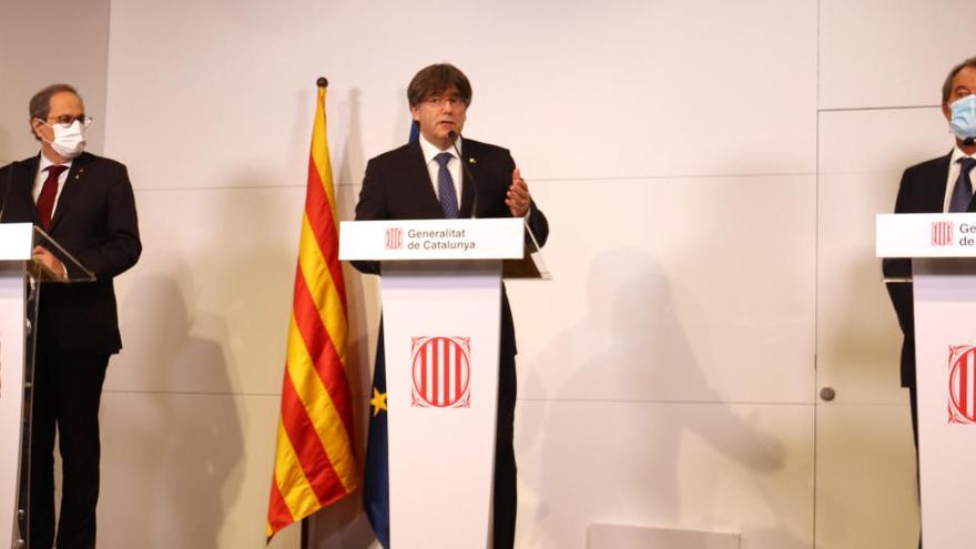 Els expresidents de la Generalitat, Artur Mas, Carles Puigdemont i Quim Torra, en la roda de premsa a Perpinyà |