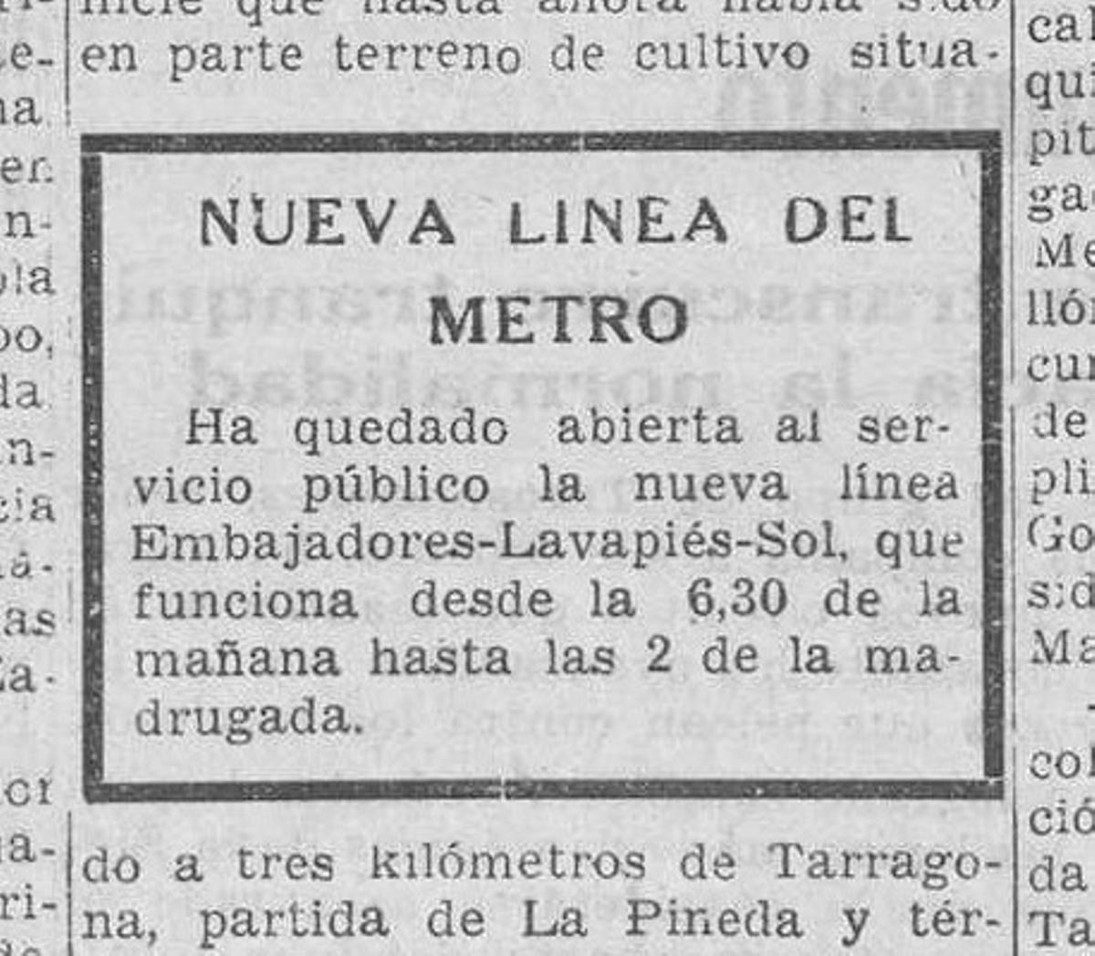Anuncio en prensa de puesta en servicio de L3. Fecha: 10 de agosto de 1936