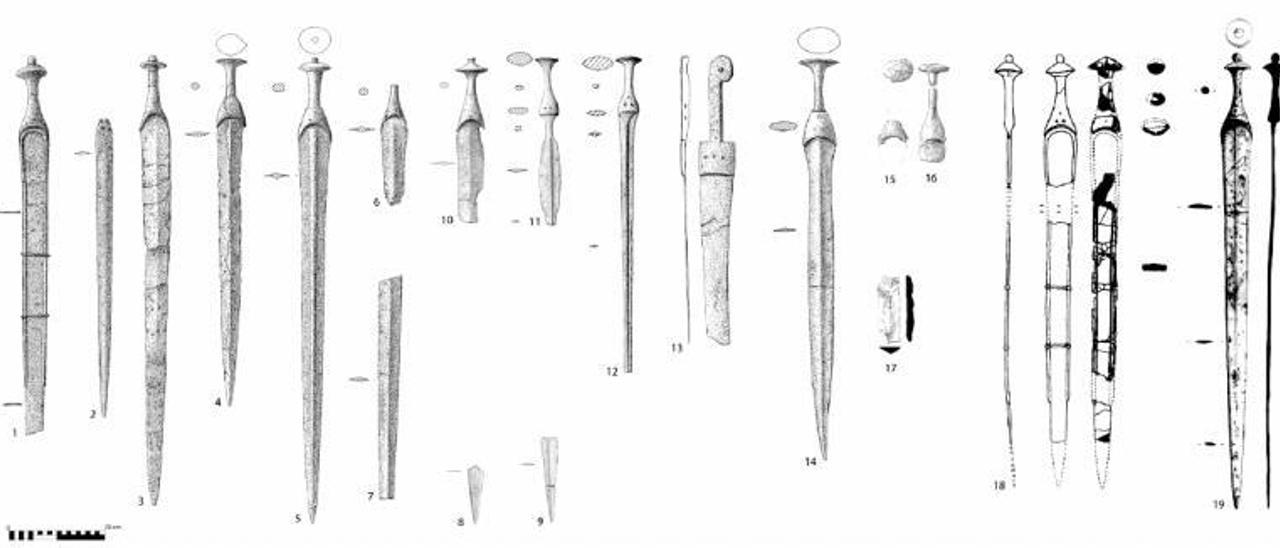 Dibujos de las 19 espadas talayóticas de Baleares.