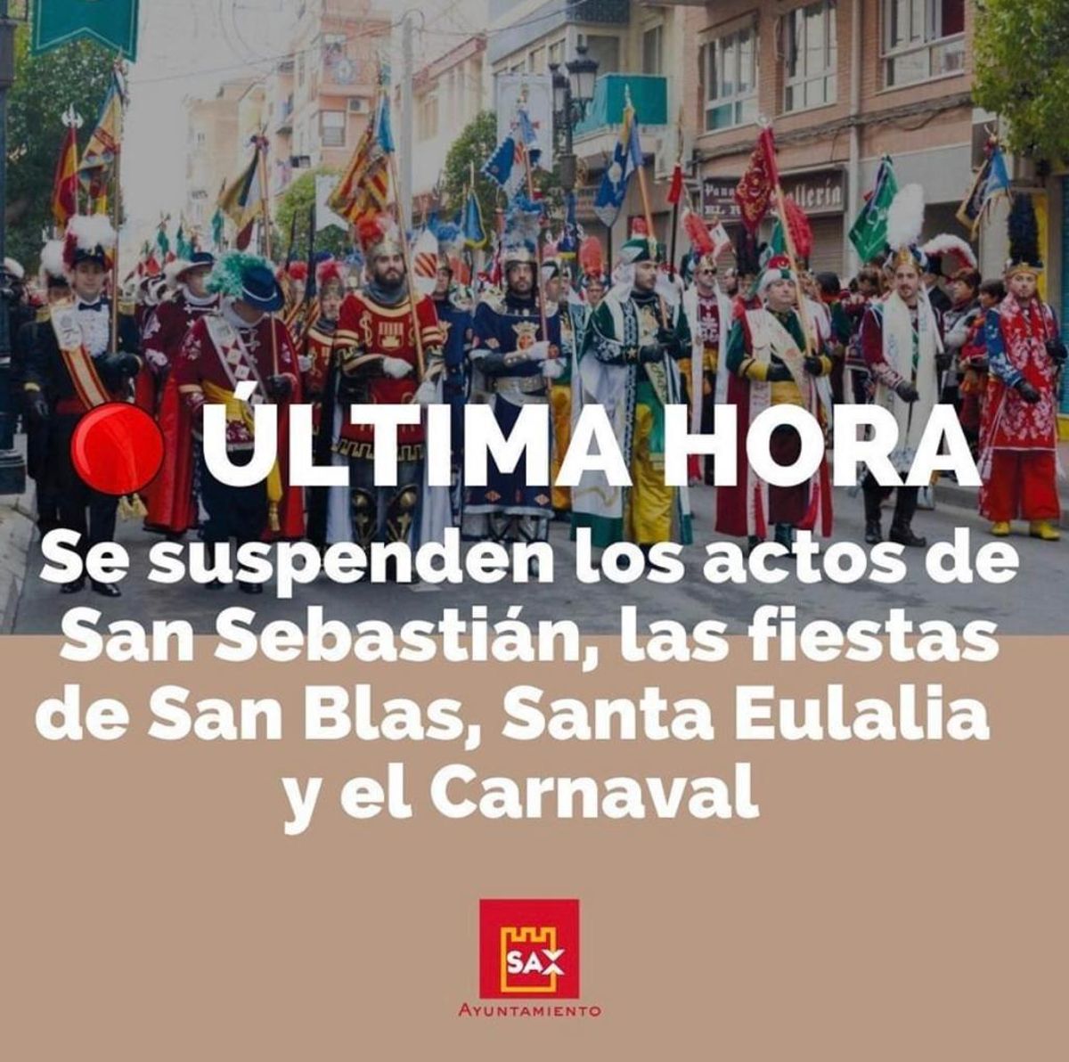 Mensaje del Ayuntamiento de Sax difundido por las redes sociales.