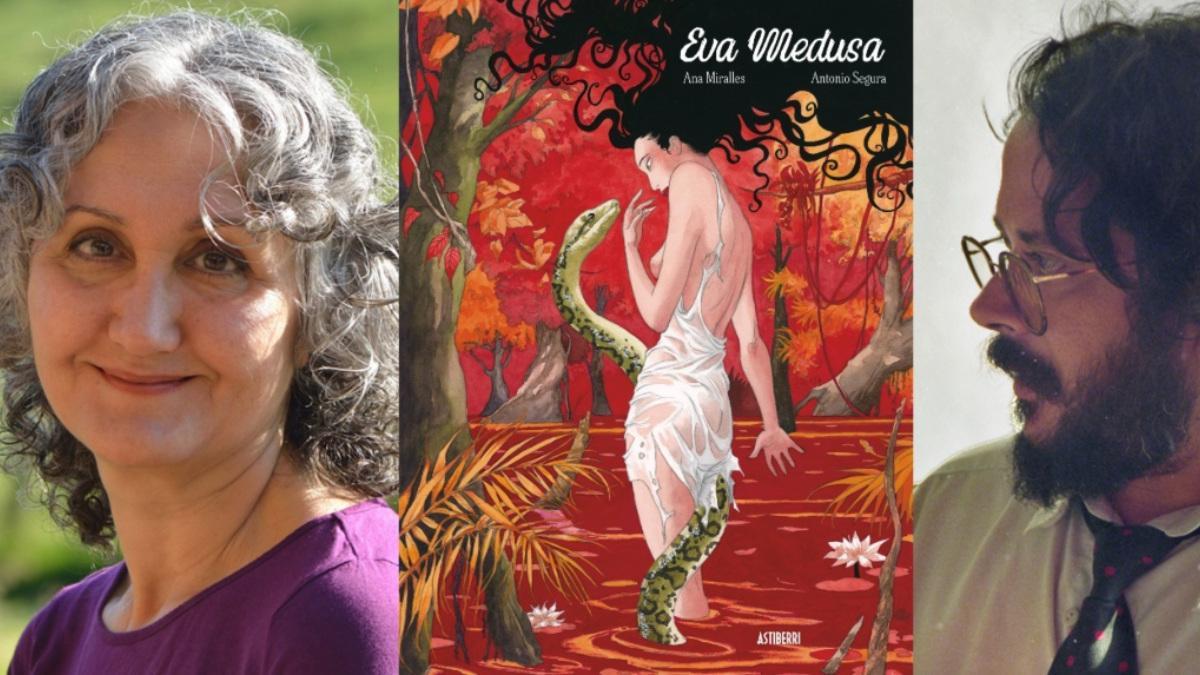 Ana Miralles y Antonio Segura. En medio, portada de "Eva Medusa. Edición Integral 30º aniversario".