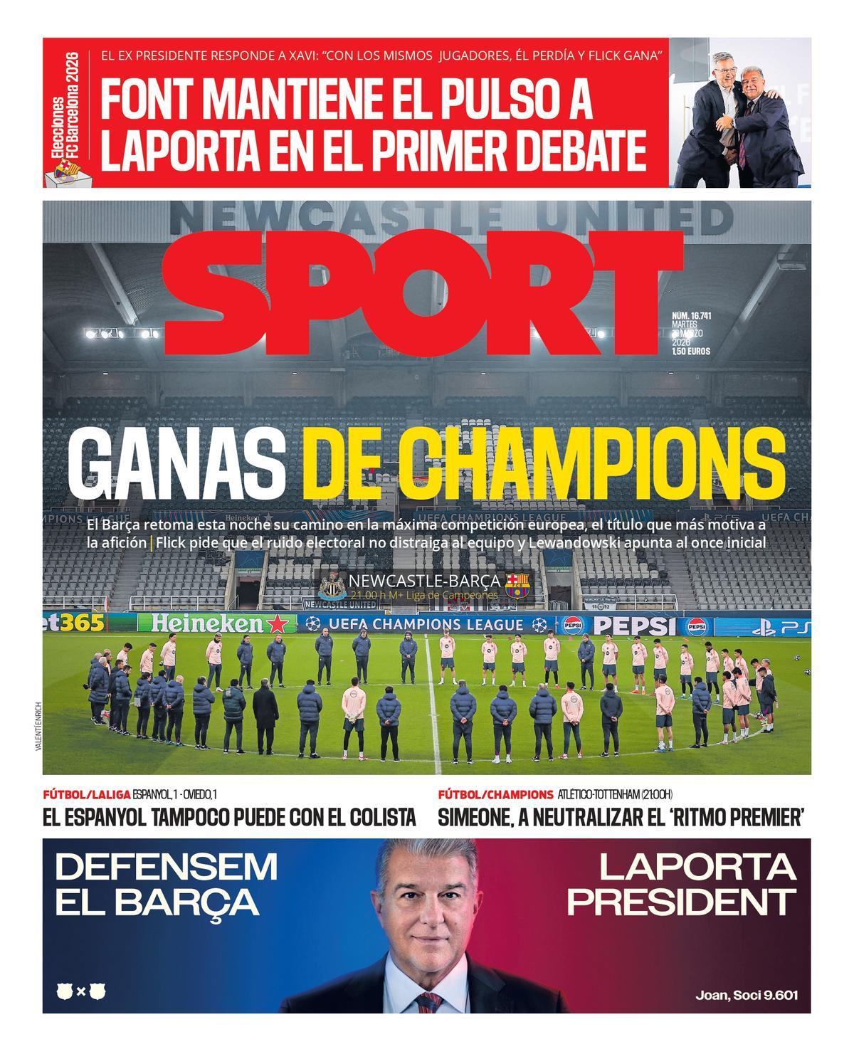 Esta es la portada de SPORT de hoy martes, 10 de marzo de 2026
