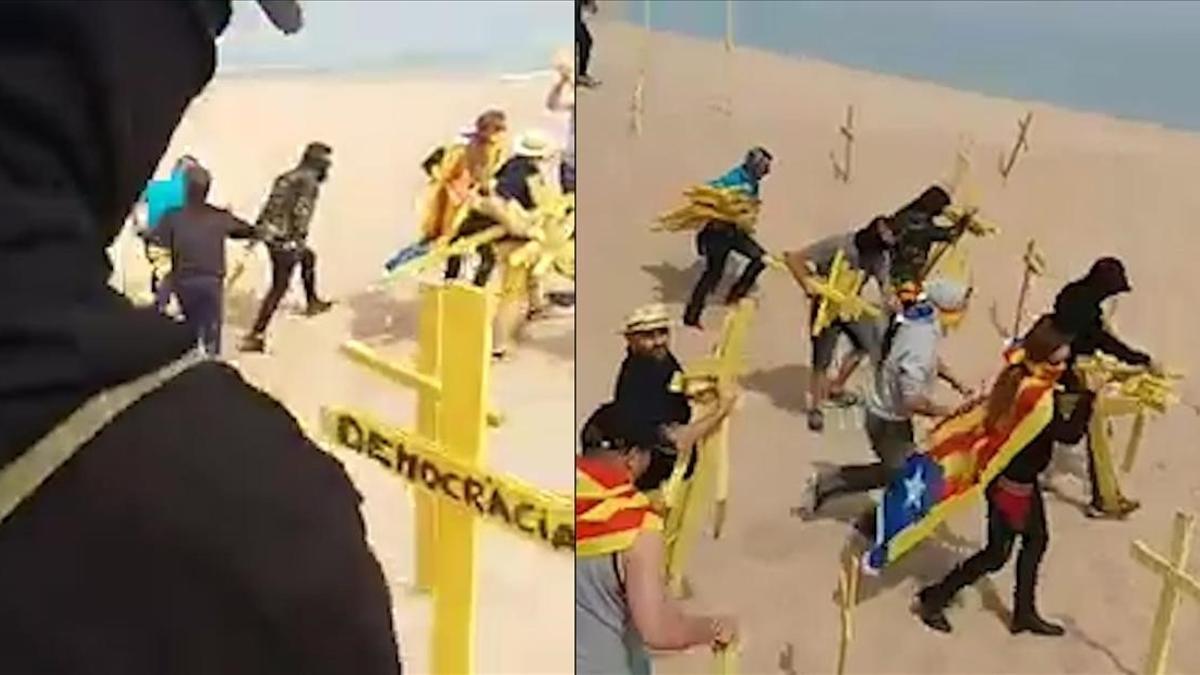 Enfrentamientos por las cruces amarillas en la playa de Canet de Mar.