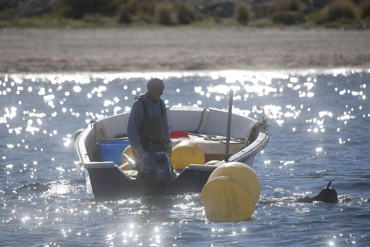 Una embarcación realiza labores de balizamiento en el Mar Menor, este martes