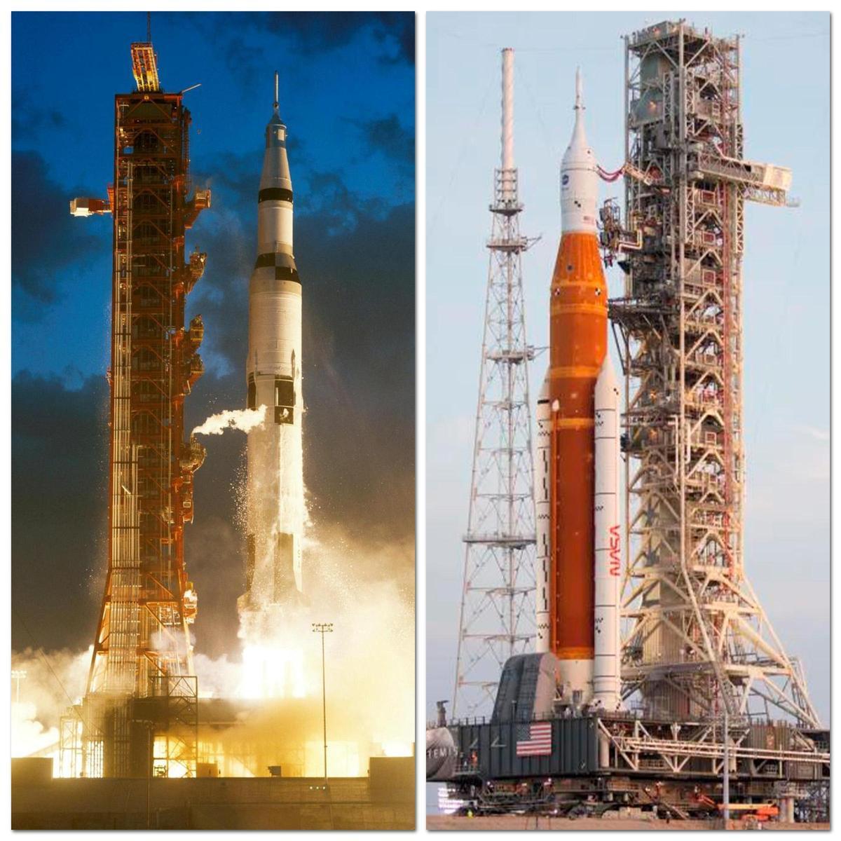 a la izquierda, el Saturno V, cohete que llevó a los astronautas a la Luna en los años 60; a la derecha, Artemis, la nueva nave de la NASA diseñada para regresar al satélite en la próxima década