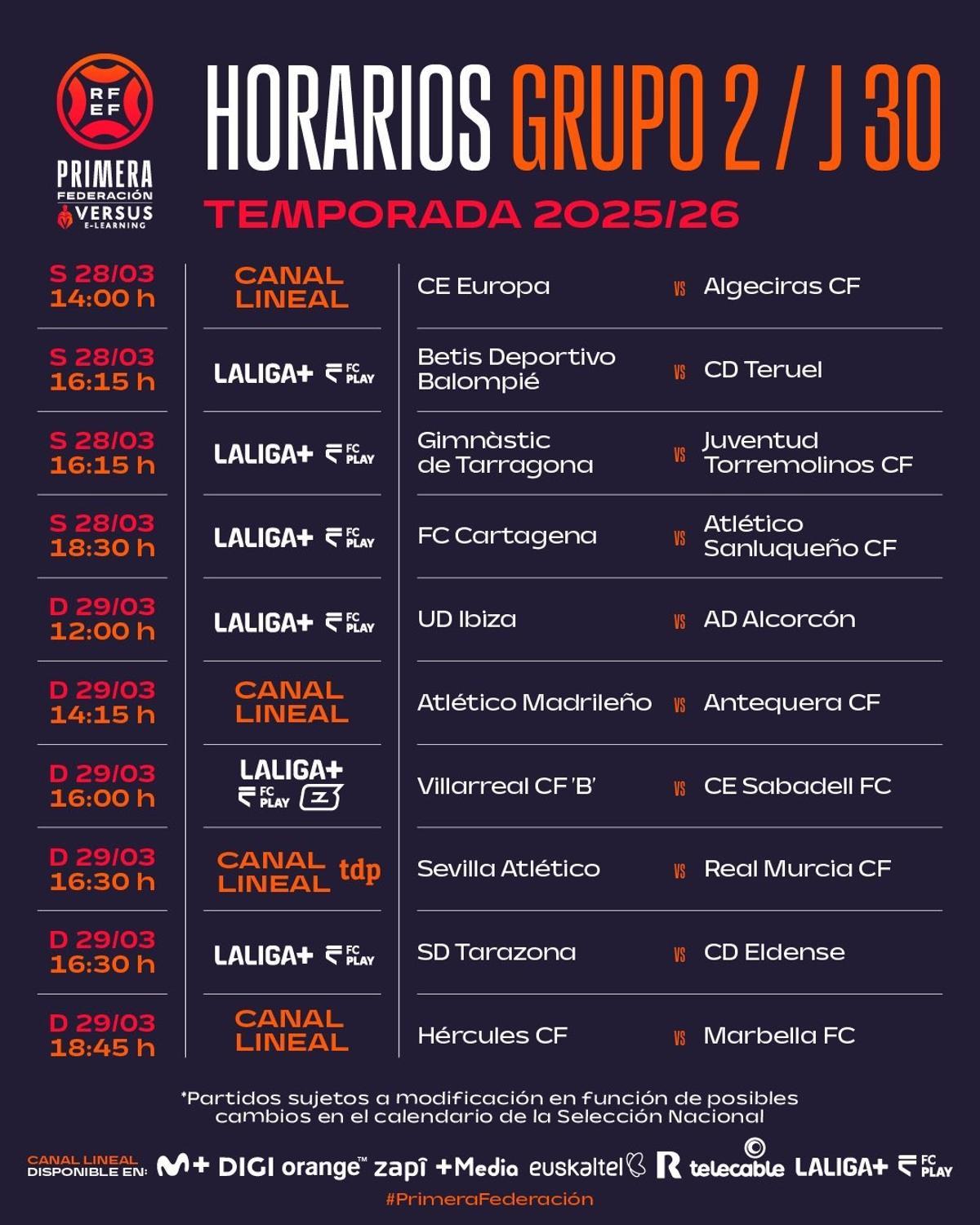 Horario (y canal de televisón) de todos los partidos de la jornada 30 en el grupo 2 de Primera RFEF.