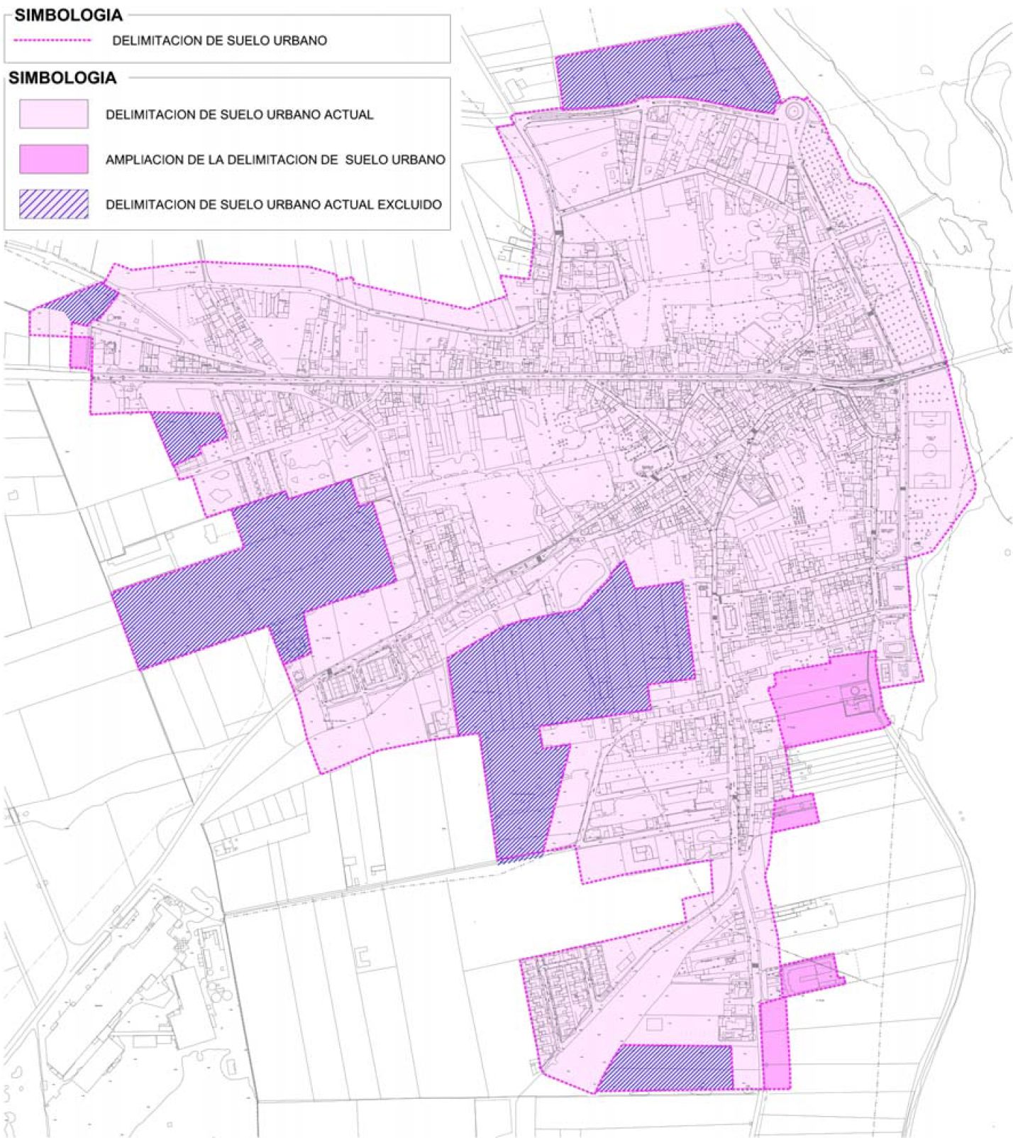 Delimitación actual del suelo, ampliación prevista y delimitación excluida.