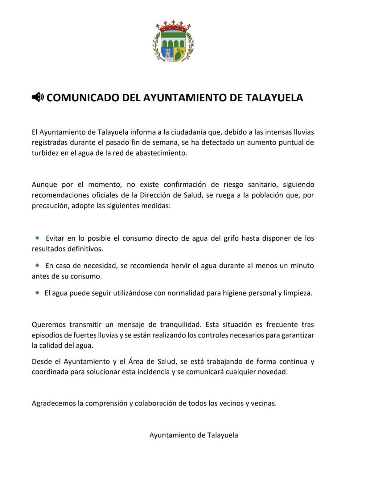 El comunicado del Ayuntamiento de Talayuela.