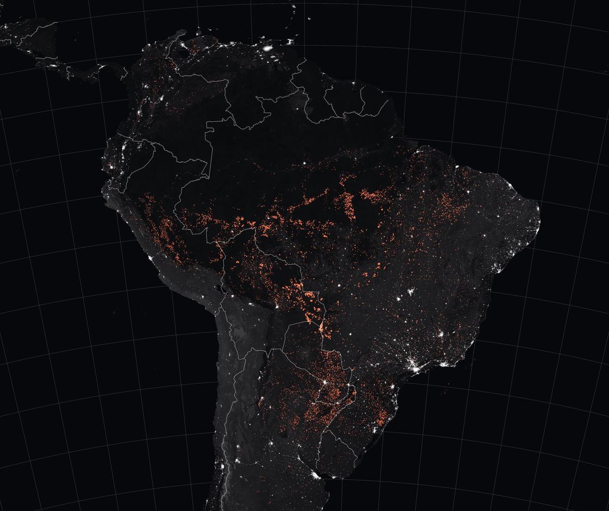 Incendios detectados desde el satélite Terra en el Amazonas y su entorno entre el 15 y el 22 de agosto de 2019.