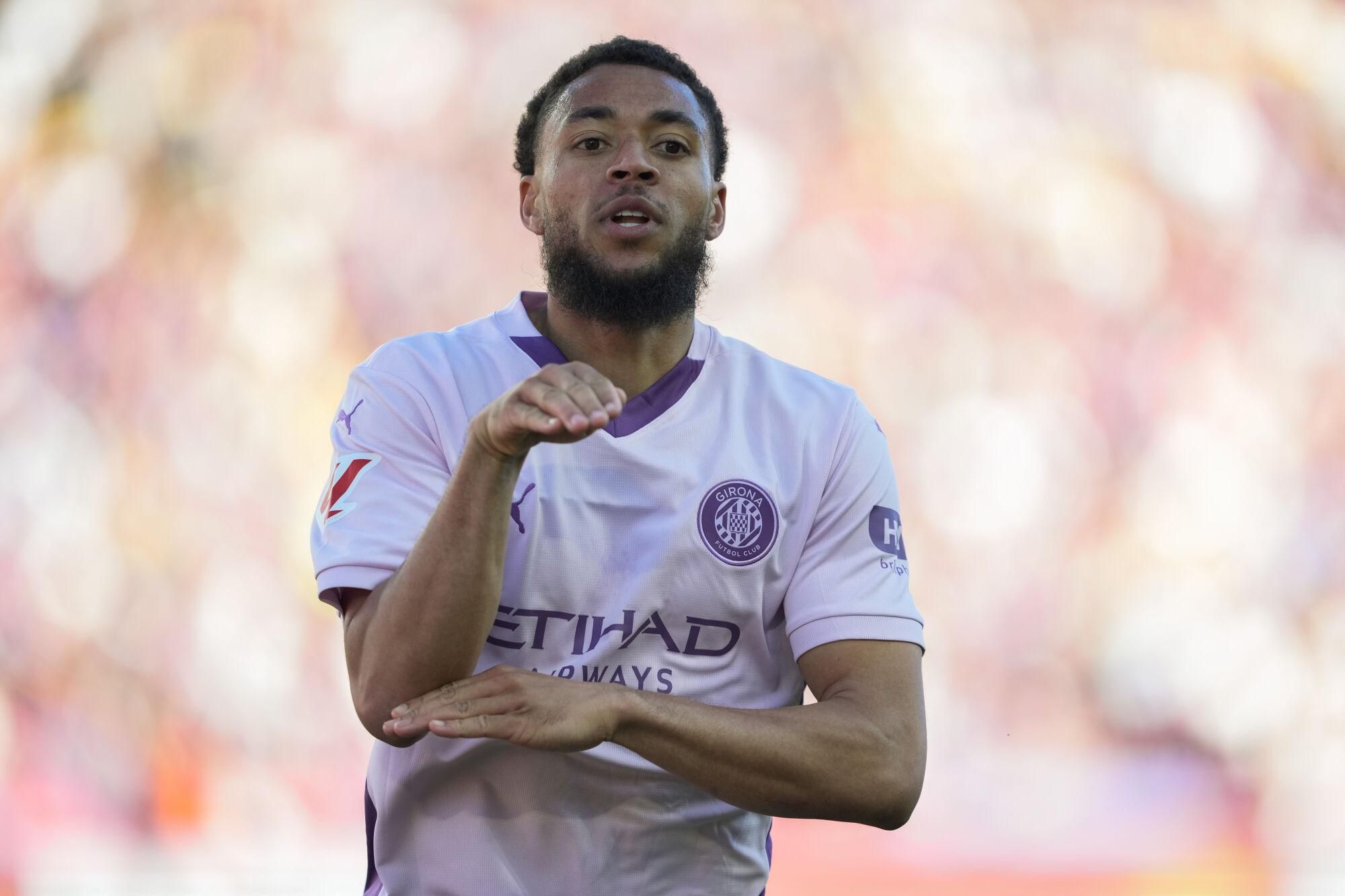 Girona's Arnaut Danjuma celebrates after scoring against FC Barcelona during LaLiga Primera Division match between FC Barcelona and Girona at Lluis Companys in Barcelona, Catalonia, Spain, 30 March 2025. EFE/Alejandro García